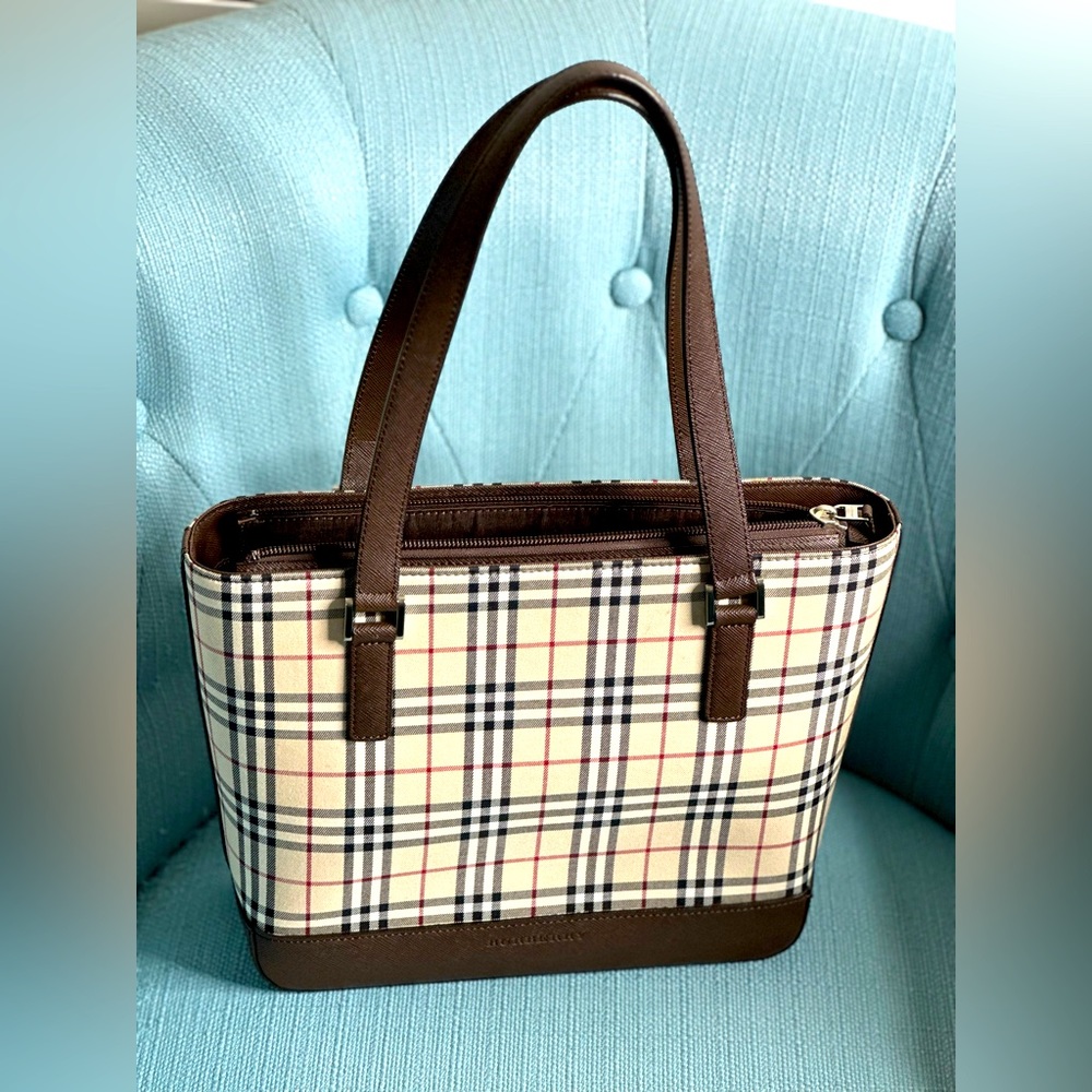 Burberry check canvas brown leather Shoulder Bag - Authentic